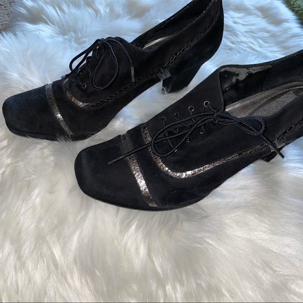 Reba black suede and metallic embellished heels